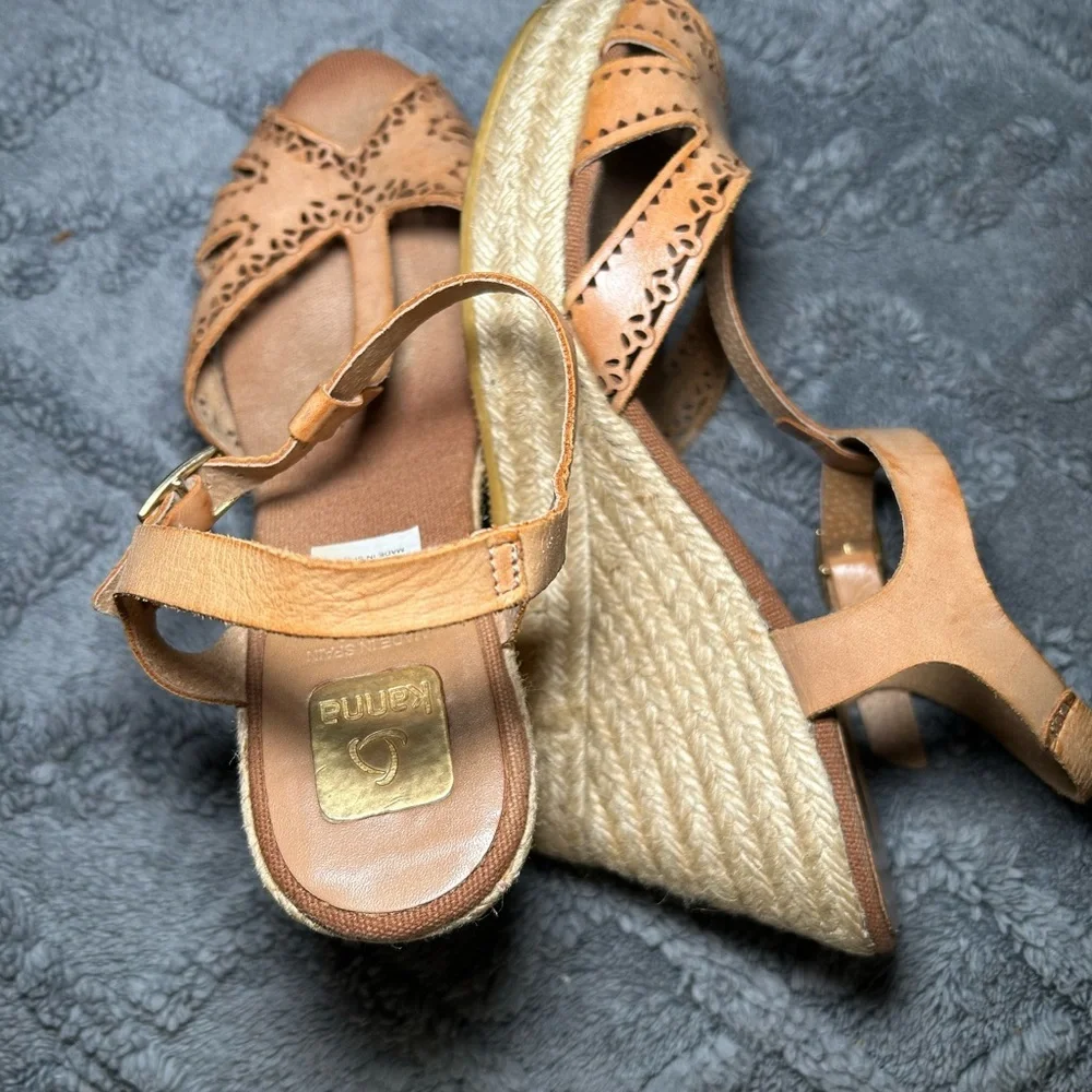 KANNA Women’s 39/8.5 T-Strap Slingback Espadrille Wedge spanish tooled Leather